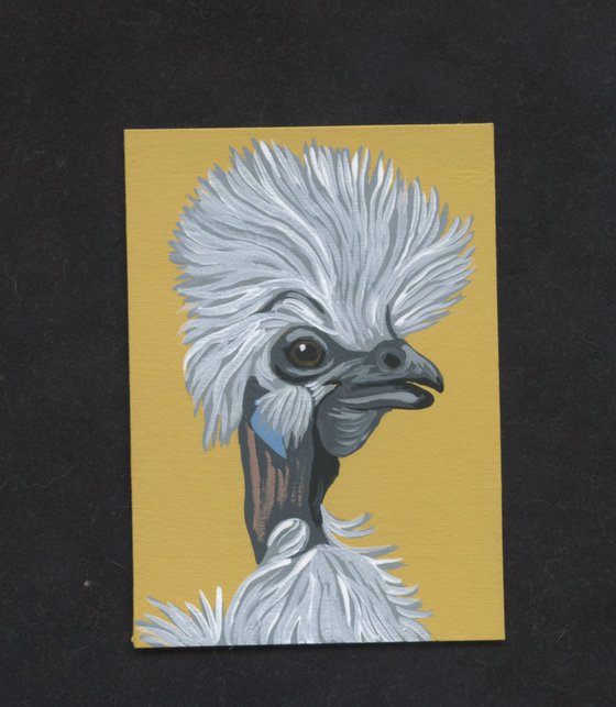 ACEO ATC Original Miniature Painting Fancy  Silkie White Chicken Bird Farmyard Art-Carla Smale