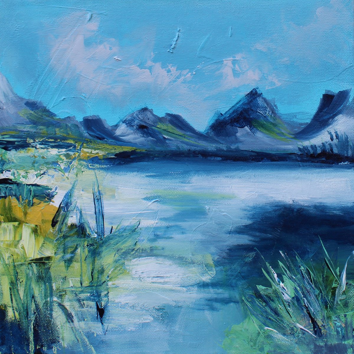 Impressionistic Landscape Acrylic Painting By Niyati Jiwani, 12 X 12", Endless Blue, Original Artwork