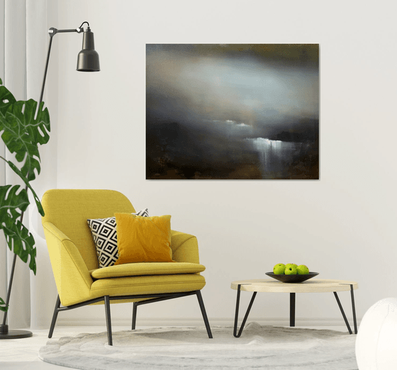 Blue dam 120x90 cm  - gold particles original oil painting landscape gift modern urban art office art decor home decor gift idea