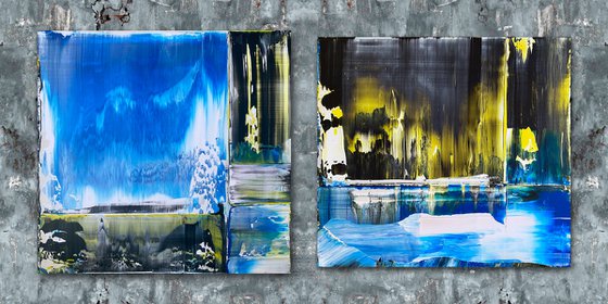 "Cold Front" - Save As A Series - Original PMS Abstract Acrylic Painting Diptych On Recycled Wooden Desk Panels - 54" x 26"