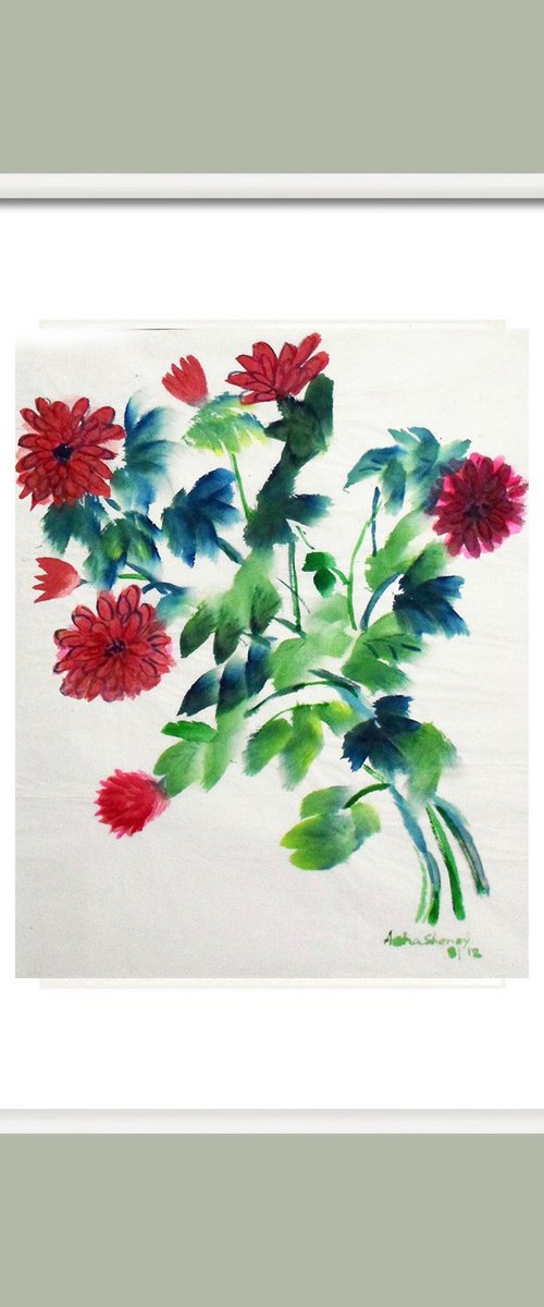 Red Chrysanthemums Chinese art by Asha Shenoy