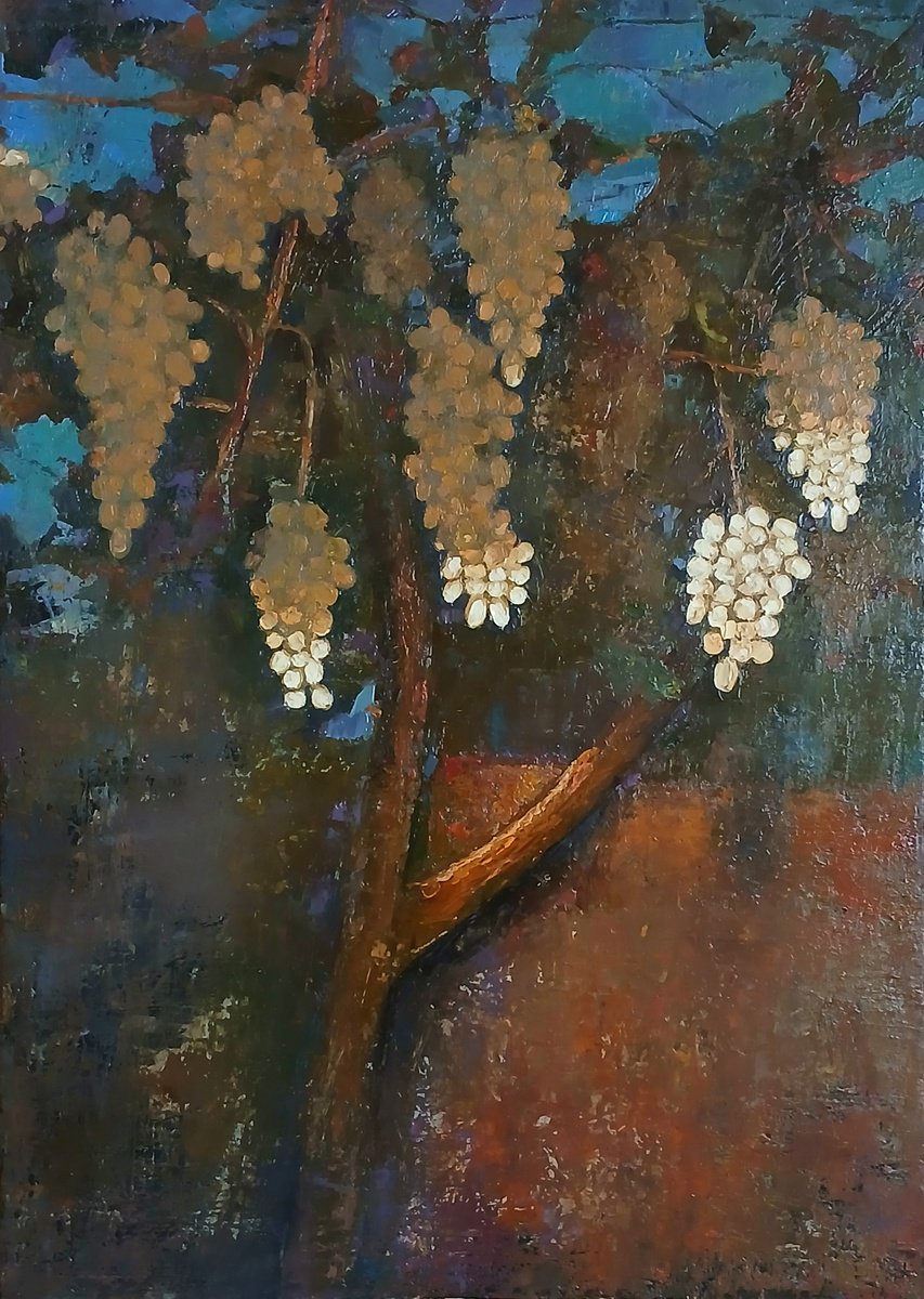 Impressionistic Still Life Oil Painting By Kamsar Ohanyan, 20 X 28", Vineyard At Dusk, Original Artwork