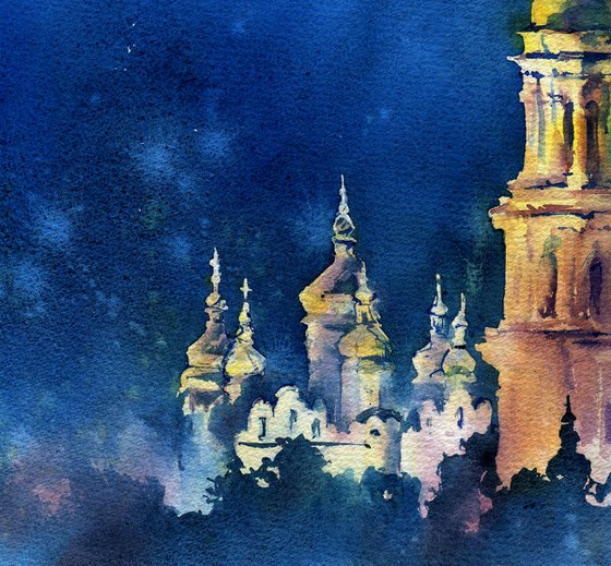 Architectural landscape "Evening Kiev. Kiev-Pechersk Lavra, Ukraine" - Original watercolor painting