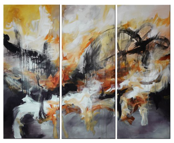 A modern tale of Genji - 72"x60" (183 cm x 152 cm) - grey, yellow, orange and black paiting