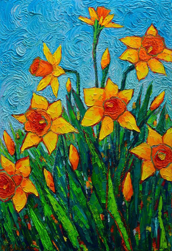 DANCING DAFFODILS 80X55cm -spring flowers modern impressionist palette knife oil painting