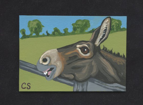 ACEO ATC Original Miniature Painting Donkey Farmyard Art-Carla Smale