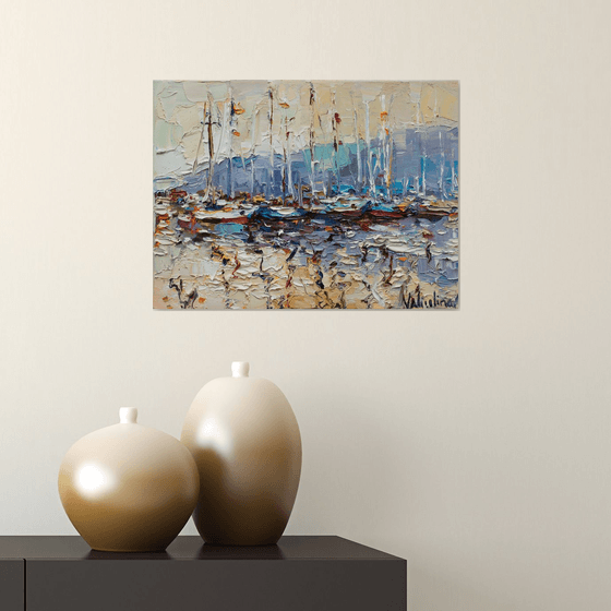 Sailing yachts in marina  Original seascape painting