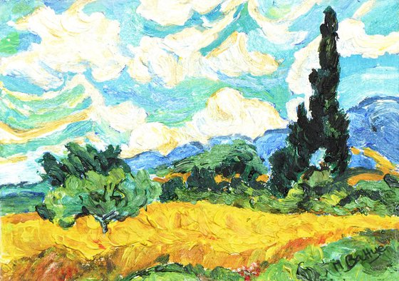 After Van Gogh - ACEO Size - Wheat Field With Cypresses - Framed - Acrylic Painting