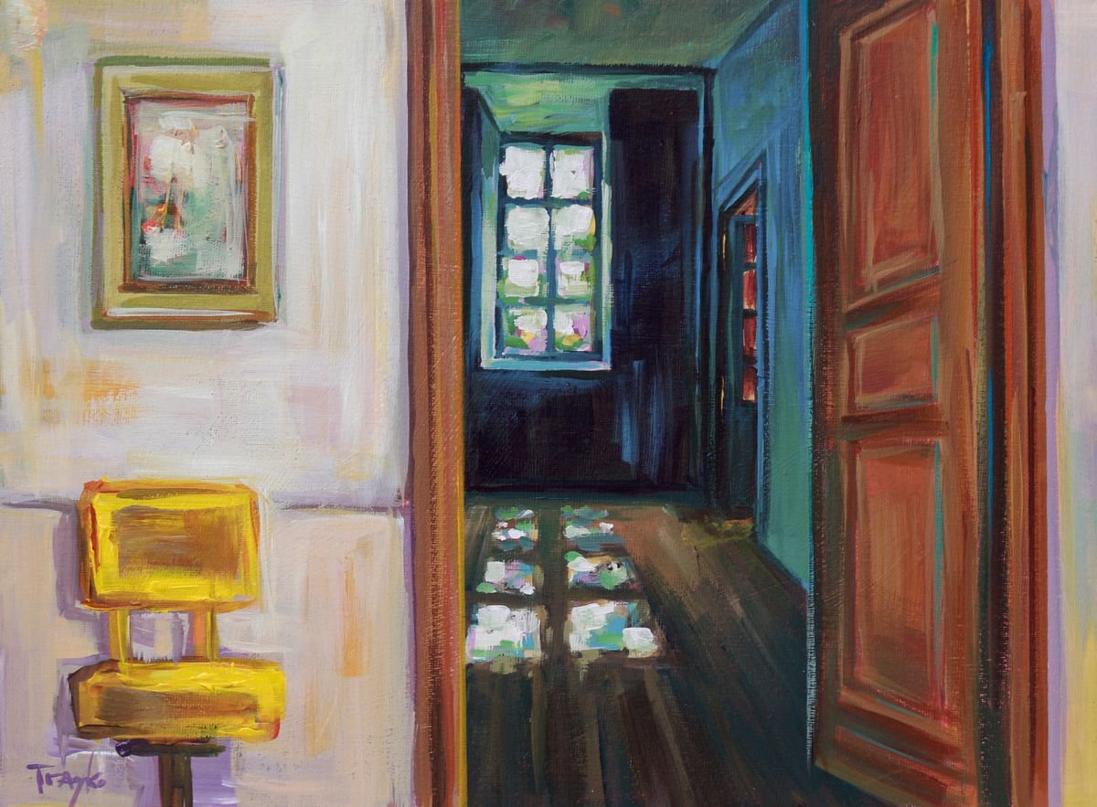 Impressionistic Cityscapes Acrylic Painting By Trayko Popov, 16 X 12", The Door Is Opened - 40X30 Cm, Original Artwork