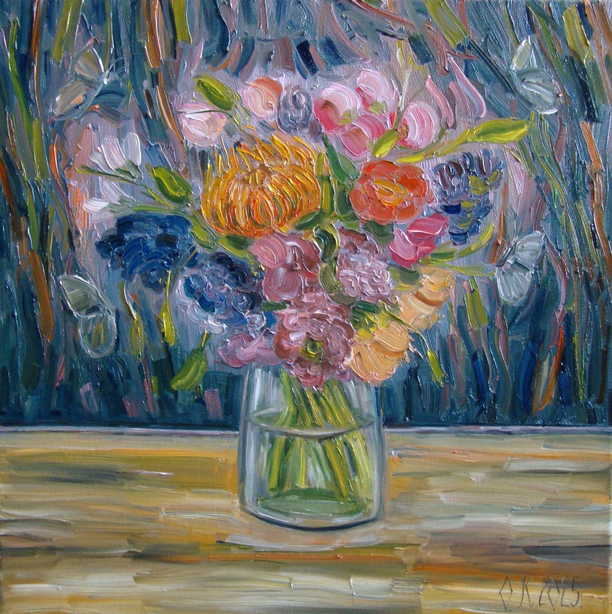 Impressionistic Botanical Oil Painting By Olga Knezevic, 16 X 16", Colorful Spring, Original Artwork