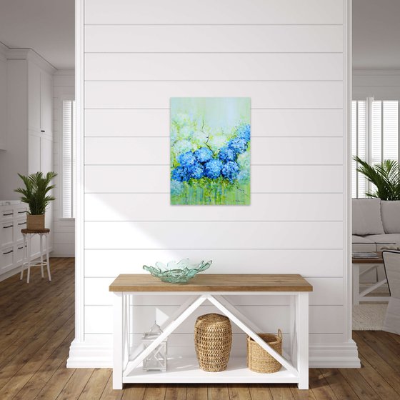 White and Blue Hydrangeas. Abstract Floral Garden Acrylic Original Painting on Canvas. (51x41cm) Modern Art