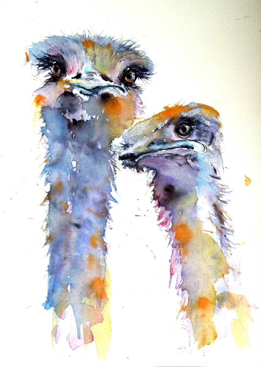 Impressionistic Animal Watercolour By Kovacs Anna Brigitta, 10 X 14", Ostriches, Original Artwork
