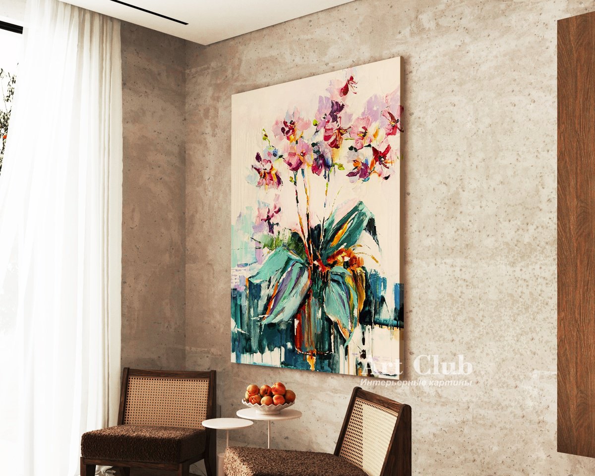 Impressionistic Botanical Oil Painting By Olga Beketova, 24 X 31", Orchids Blooming, Original Artwork