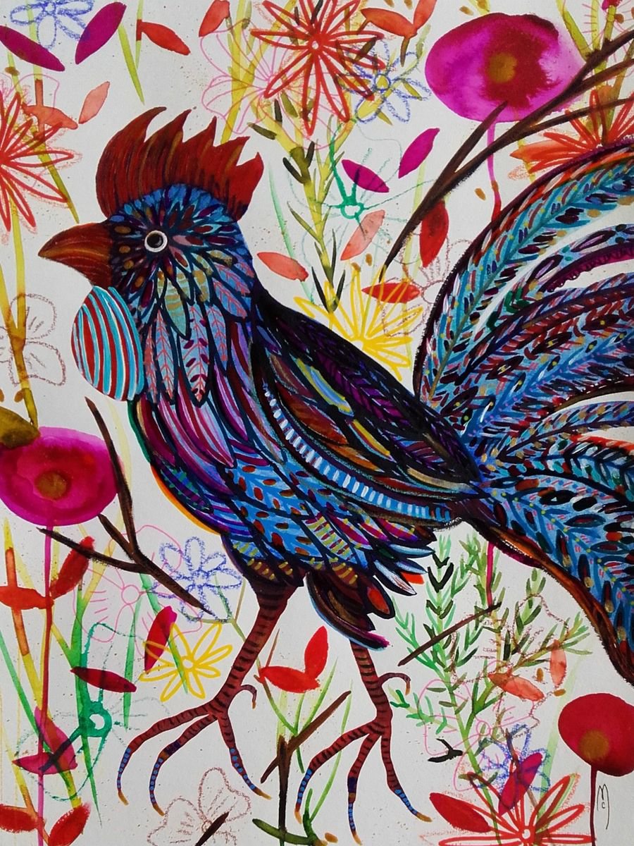 Rooster Animal Art Bird Flowers Coq by Celine Marcoz