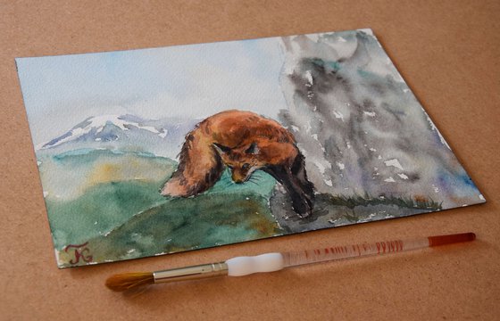 Fox original watercolor painting, fox painting, mountain landscape, animalistic wall art