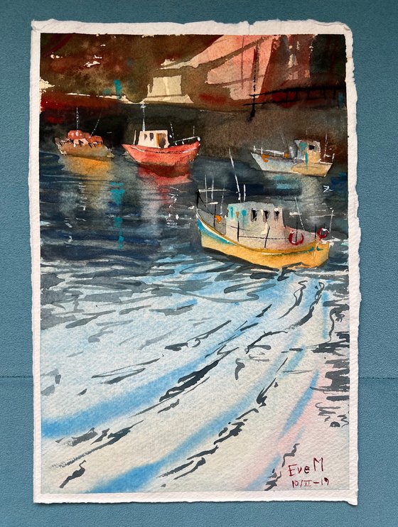 Boats in the port. Watercolor artwork.