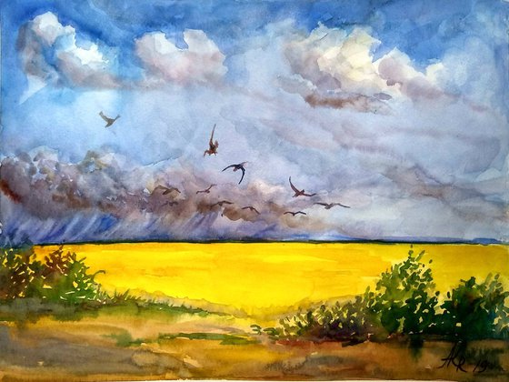 Landscape with rapeseed fields Painting