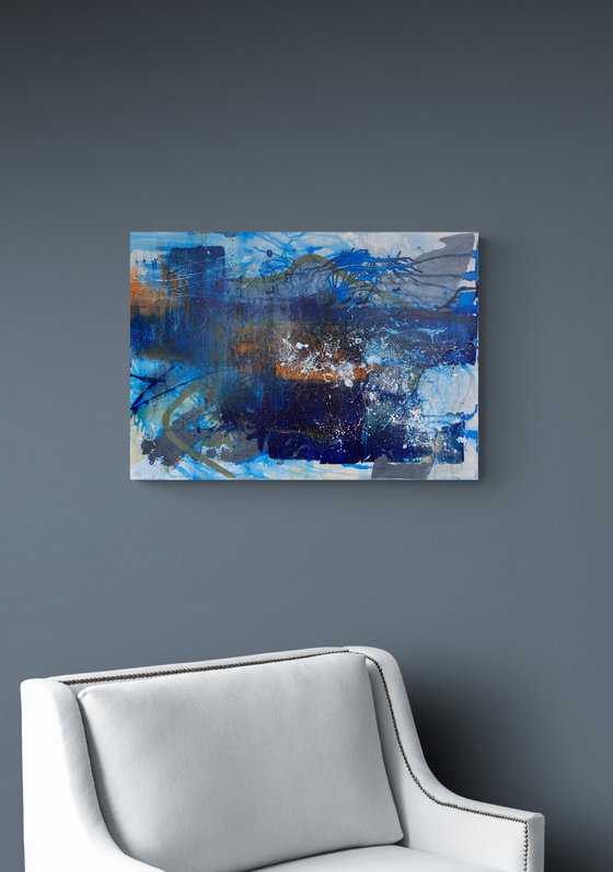 ''The Reflections'' - blue abstract art, acrylic painting, medium size painting.