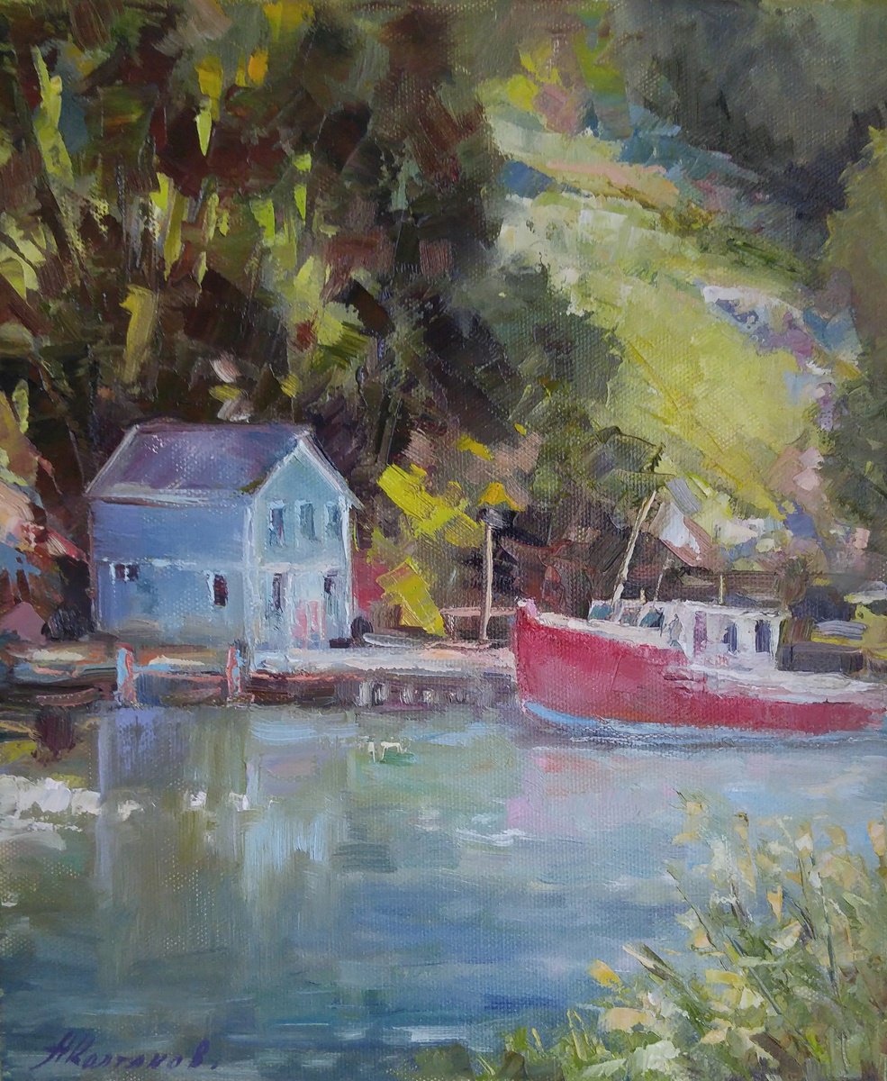 Impressionistic Landscape Oil Painting By Alexander Koltakov, 10 X 12, Ocean Bay 2, Original Artwork