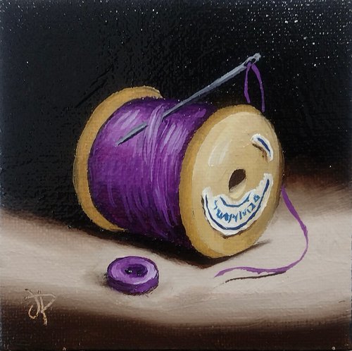 Little Purple cotton reel  still life by Jane Palmer Art