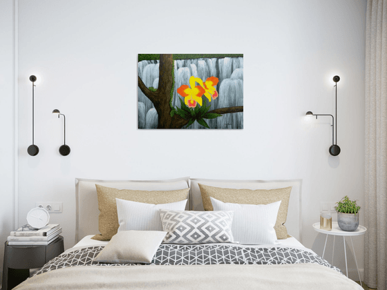 Voice In The Mist - yellow orchid floral painting; home, office decor; gift idea