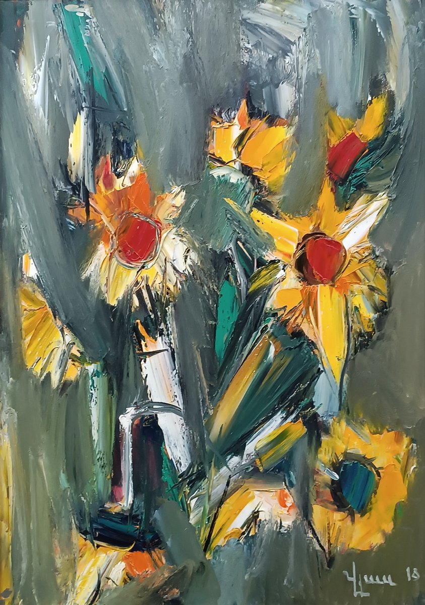 Abstract Botanical Oil Painting By Vlas Ayvazyan, 20 X 28", Sunflowers, Original Artwork