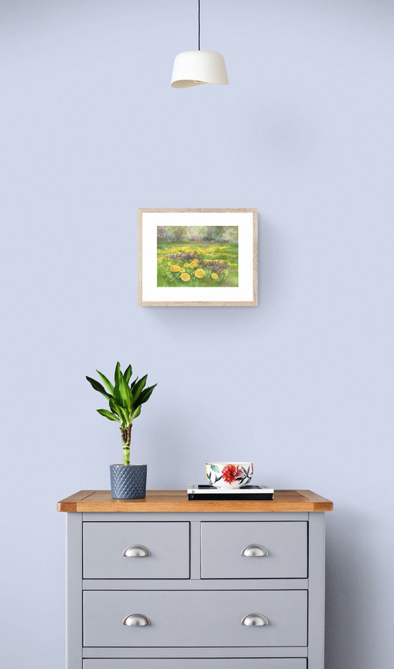 Dandelion field. The little Suns / ORIGINAL watercolor 12,2x9,1in (31x23cm)