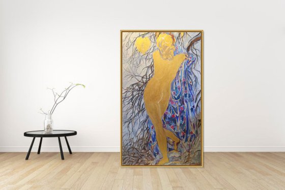 TROCADERO GOLD. PARIS - nude art, original painting oil on canvas, winter snow love lover nude girl, interior art, Christmas Valentine gift