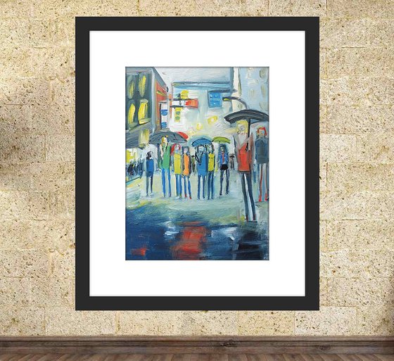 RAINY DAY LONDON SCHOOL OUTING. Original Cityscape Figurative Oil Painting. Varnished.