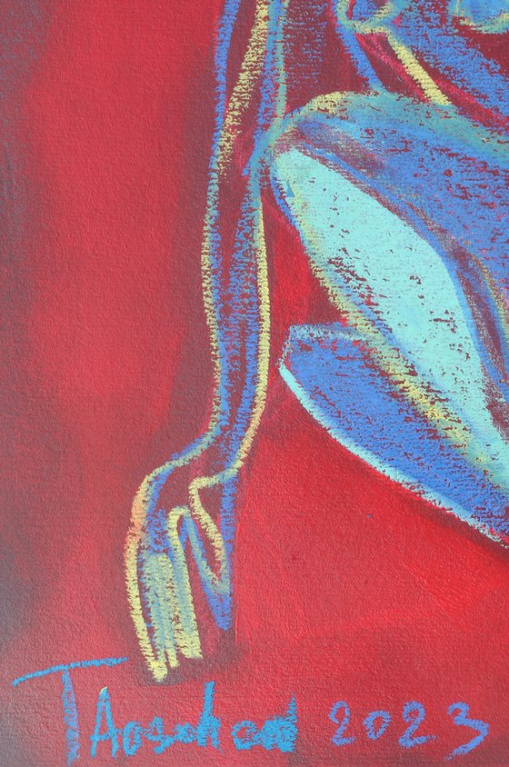 Nude on a red background.