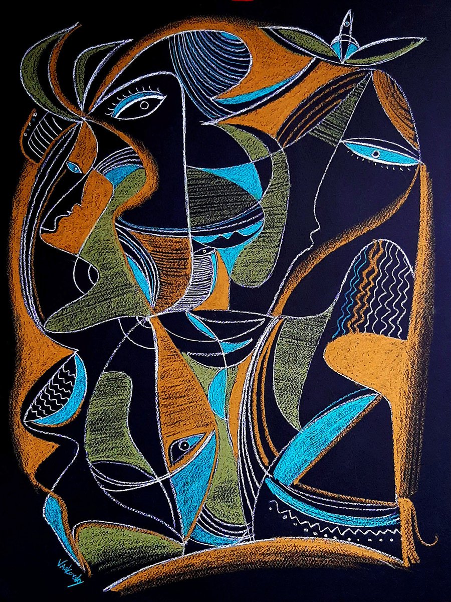Surrealistic Abstract Pastel Drawing By Vadim Vaskovsky, 22 X 28", Teal Eyes, Original Artwork