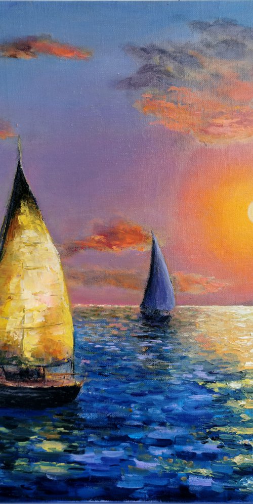 Sunset over the sea oil painting by Elvira Hilkevich