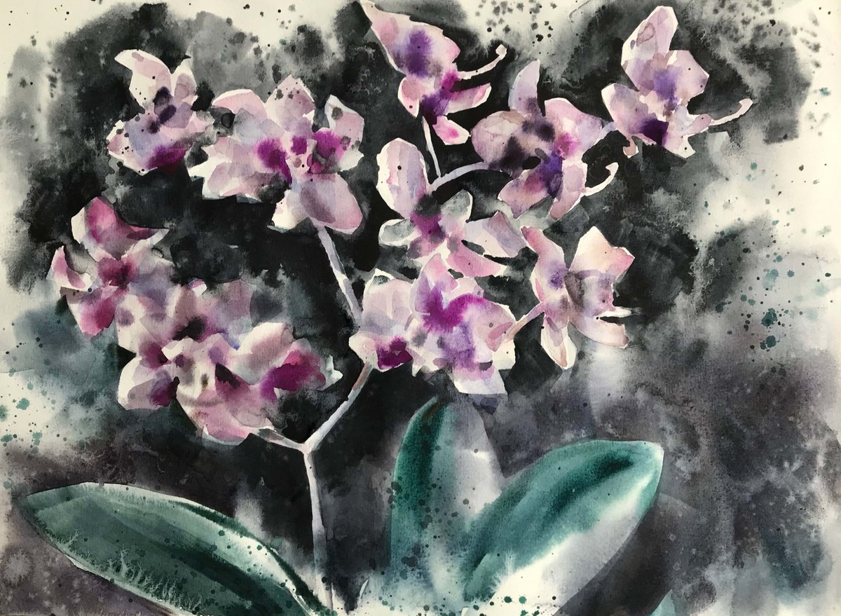 Lilac butterflies. Orchid. one of a kind, original painting. by Galina Poloz