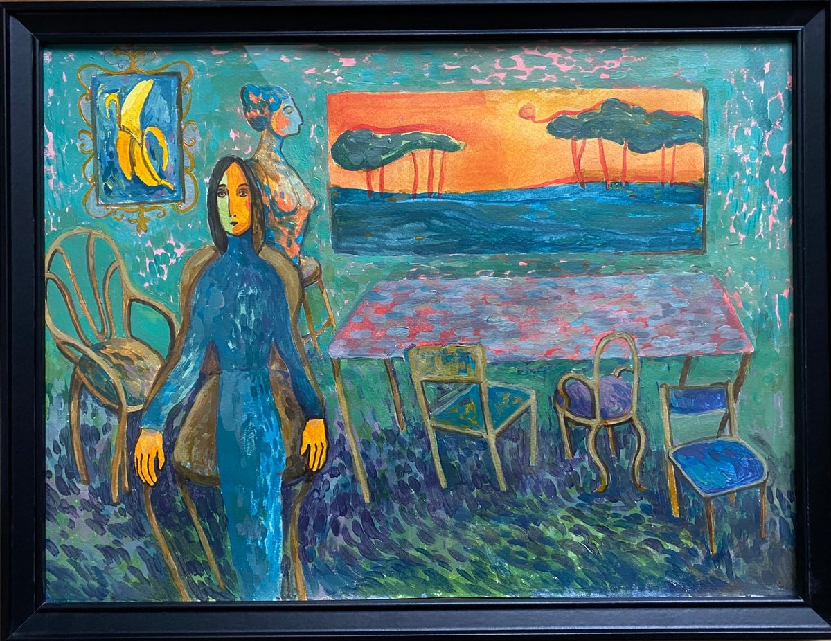 Surrealistic Portrait Acrylic Painting By Liubov Ro, 16 X 12", Chairs, Original Artwork