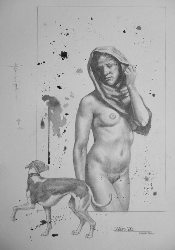 Drawing pencil naked girl and dog  #17416
