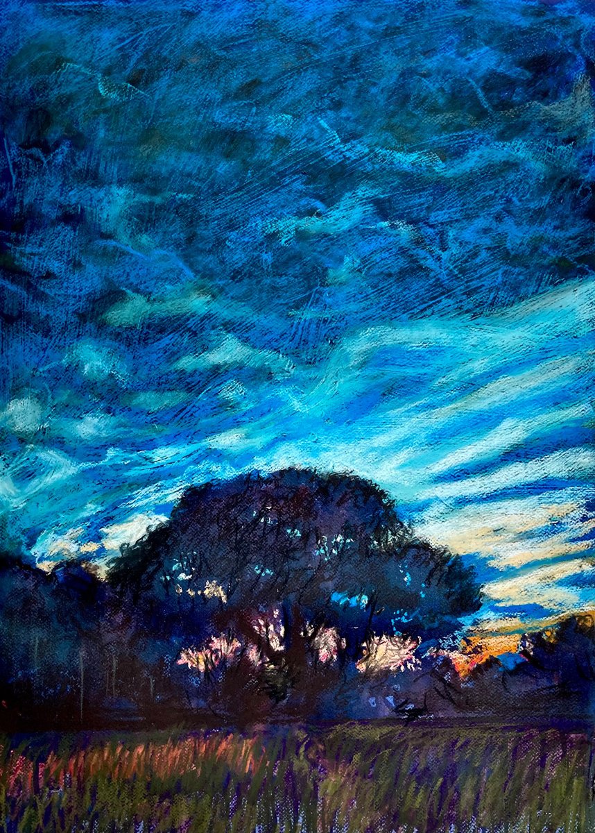 Impressionistic Landscape Pastel Drawing By John Cottee, 22 X 30, Tree At Sunset, Original Artwork
