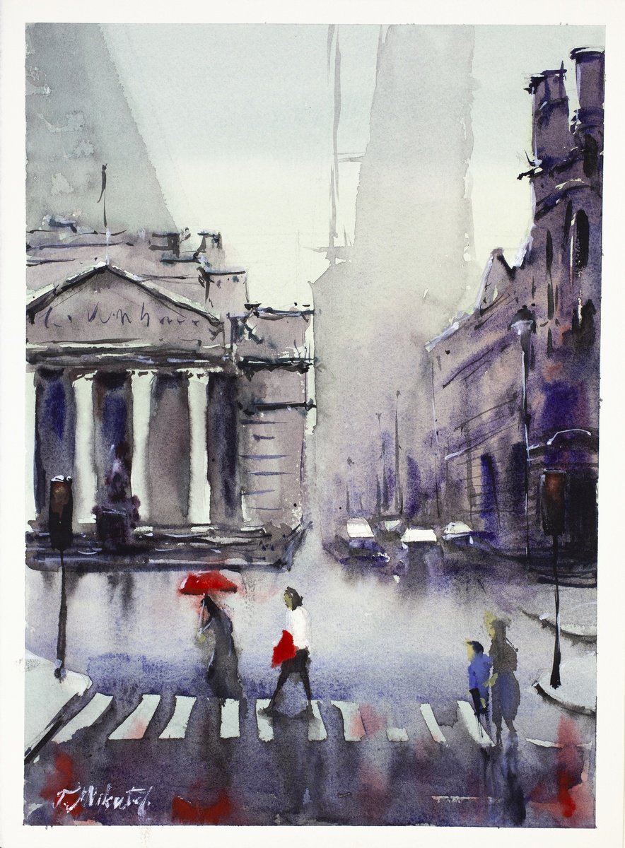 Impressionistic Cityscapes Watercolour By Tomasz Mikutel, 11 X 15", Rainy Day In London, Original Artwork