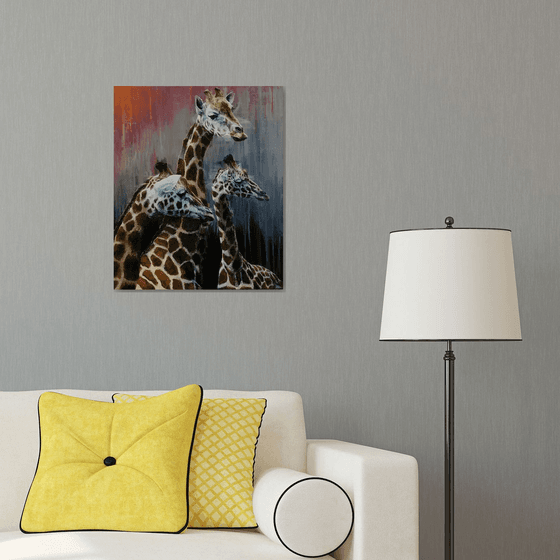 Giraffes in grey, original painting, orange