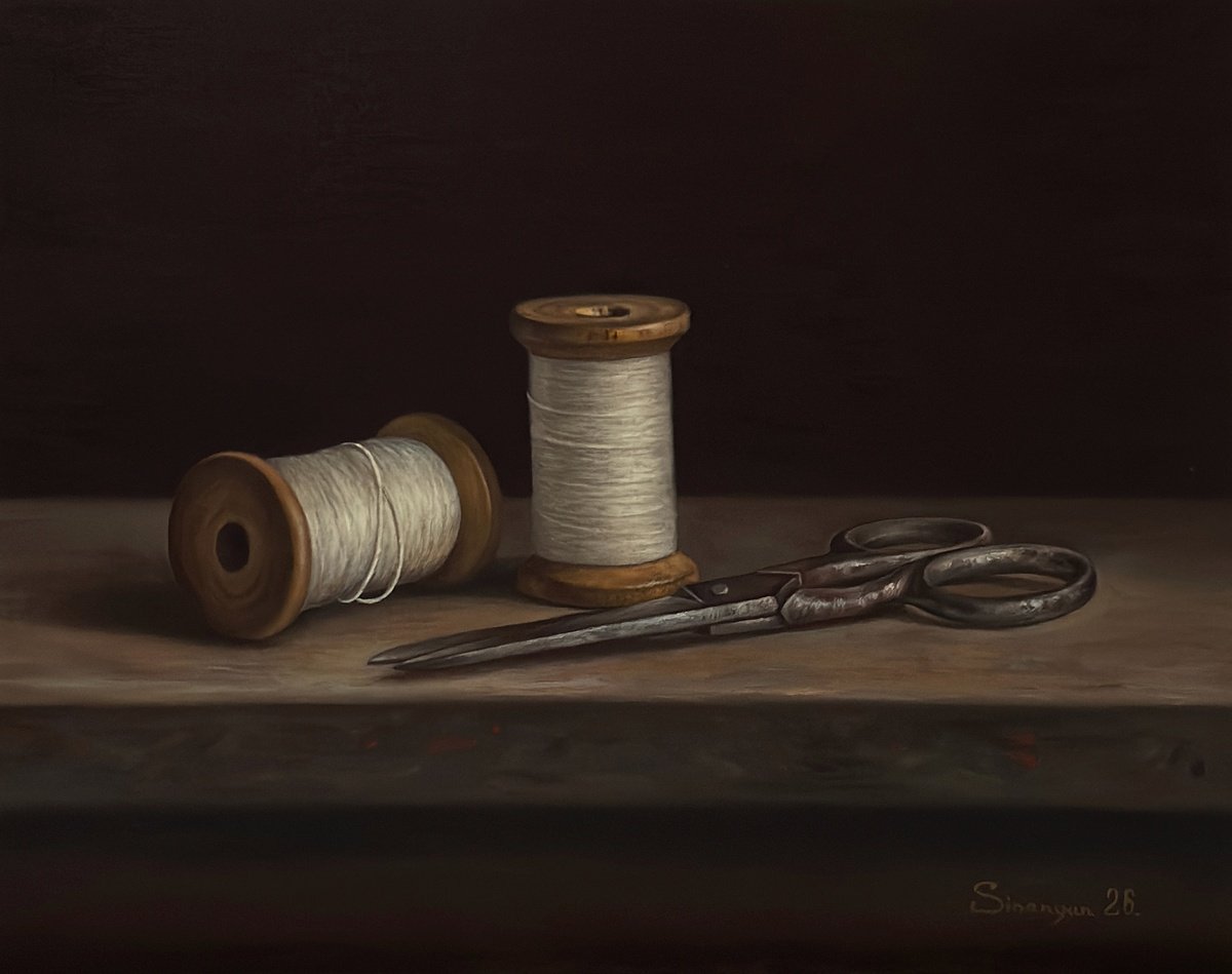 Photorealistic Oil Painting , Thread And Scissors By Gevorg Sinanian, 12 X 9, Artwork For Sale On Artfinder