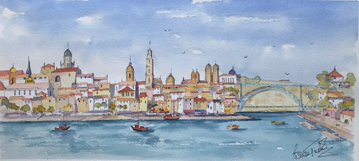 Expressive Landscape Watercolour By Brian Tucker, 17 X 8, Panorama Of Porto, Original Artwork