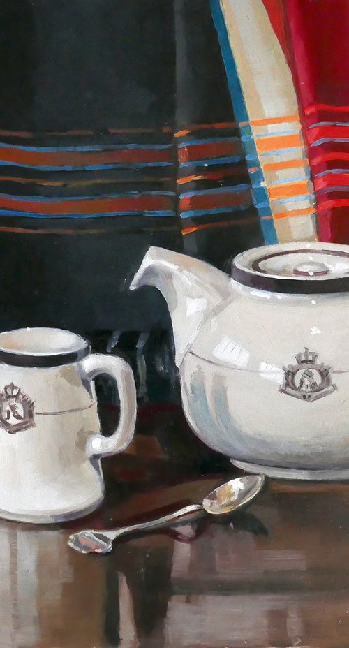 Still Life of Kikoy with Teapot and jug by Isabel Hutchison