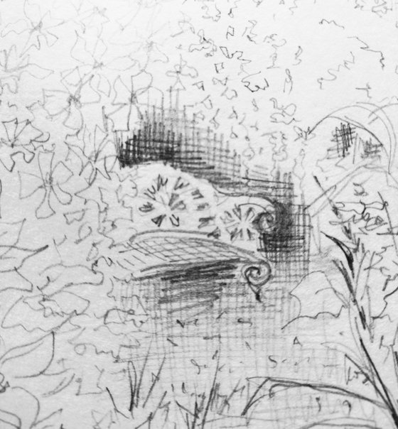 In Italy Sketch. Pavilion in the garden. Original pencil drawing.