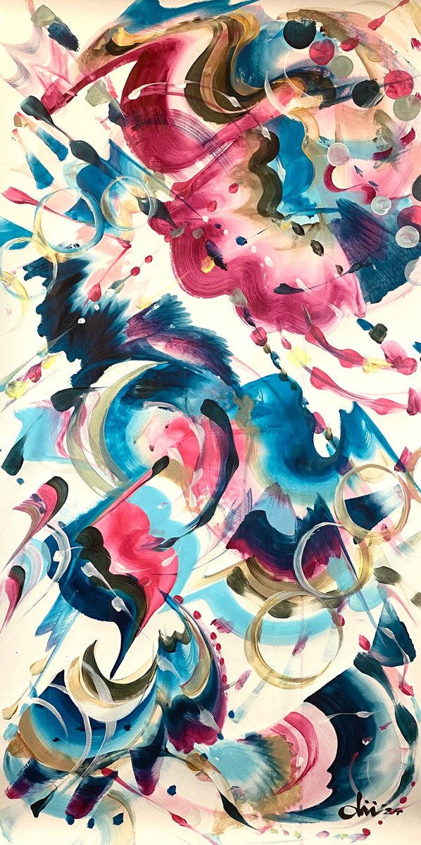 Organic Abstract Acrylic Painting By Daichi Matsusaki, 20 X 39, Color Dance 7-5-24, Original Artwork