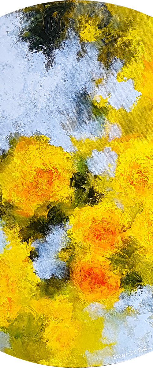 Floral tondo with yellow roses flowers - Oil painting knife palette impasto by Fabienne Monestier