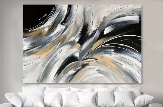 Wild and Free - XL LARGE;  GOLD, BLACK & WHITE ART; MODERN ABSTRACT ART – EXPRESSIONS OF ENERGY AND LIGHT. READY TO HANG!