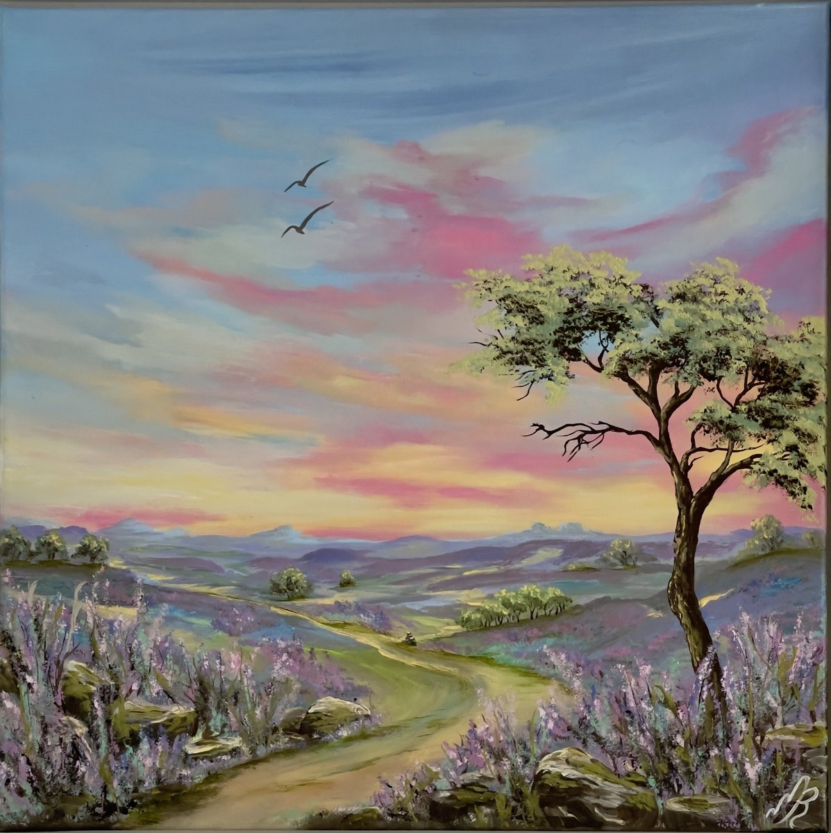 Expressive Landscape Oil Painting By Marja Brown, 21 X 21", Lavender Horizons, Original Artwork