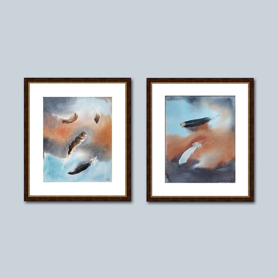 Set of 2 paintings, Flying feathers in watercolor, Blue and brown art