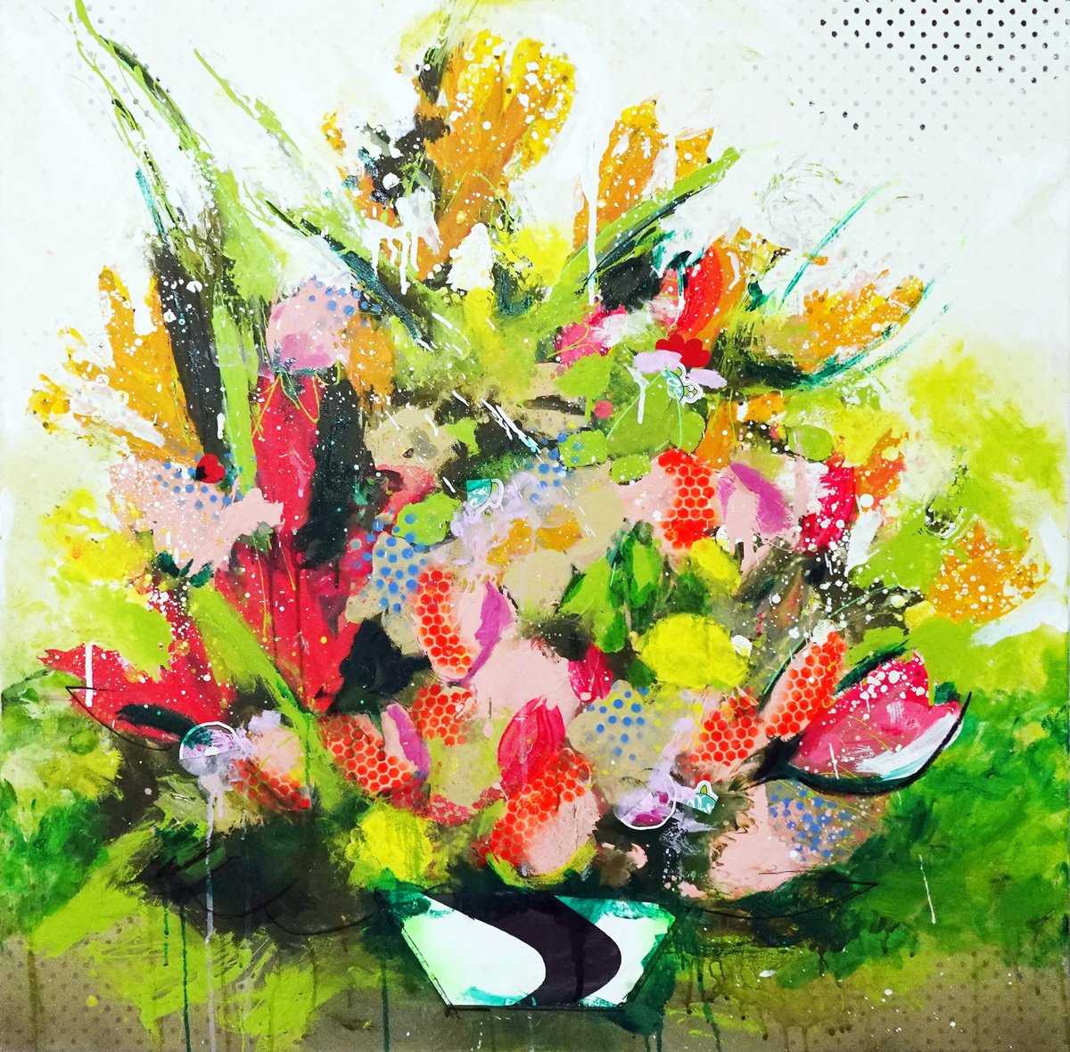 Expressive Botanical Painting By Martina Palmoni, 35 X 35", Fiori Scomposti, Original Artwork