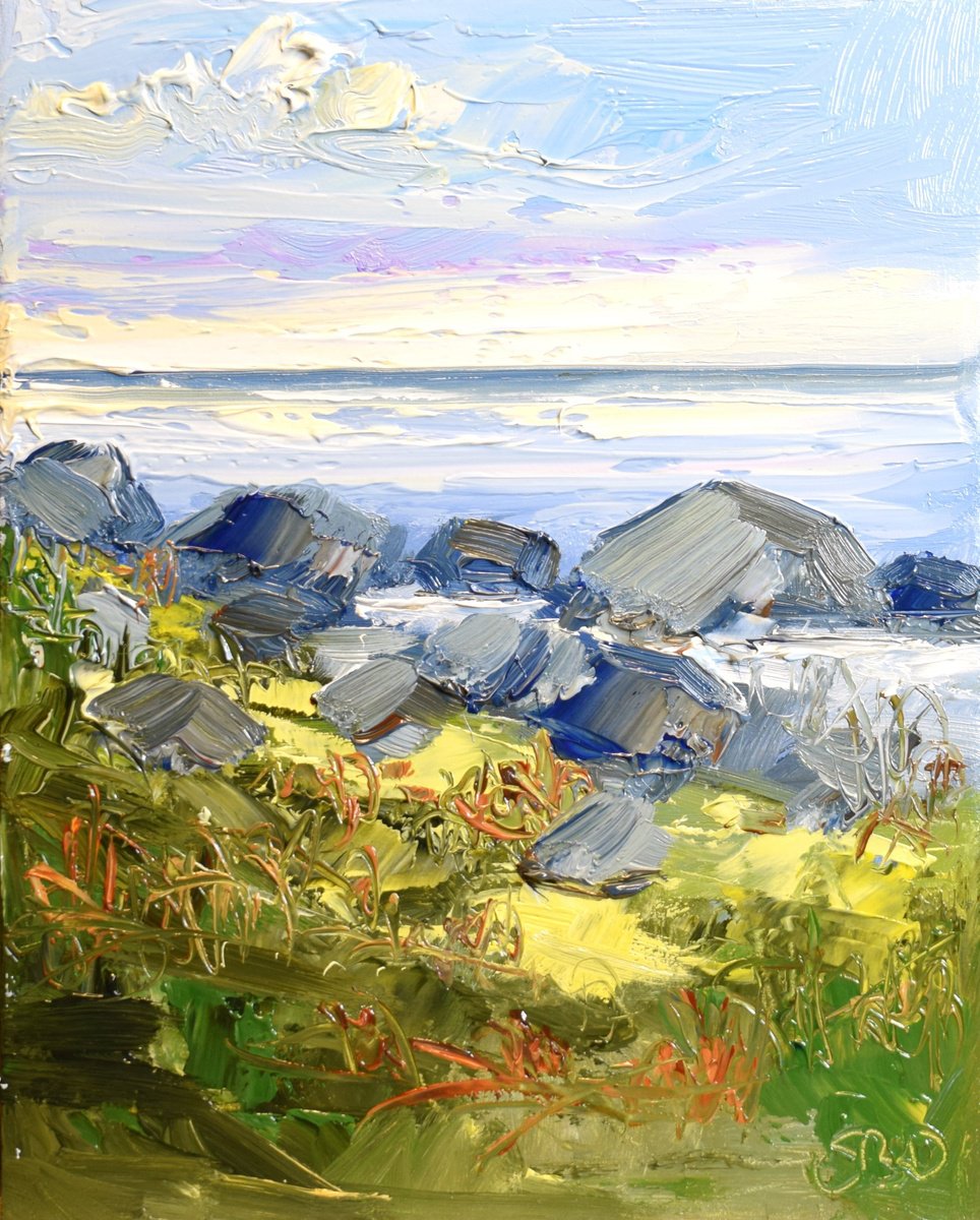 Impressionistic Landscape Oil Painting By Sonja Brussen, 7 X 8", Spring Rocks, Original Artwork