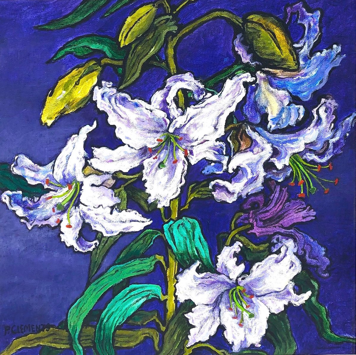 White Lilies on a purple background framed by Patricia Clements